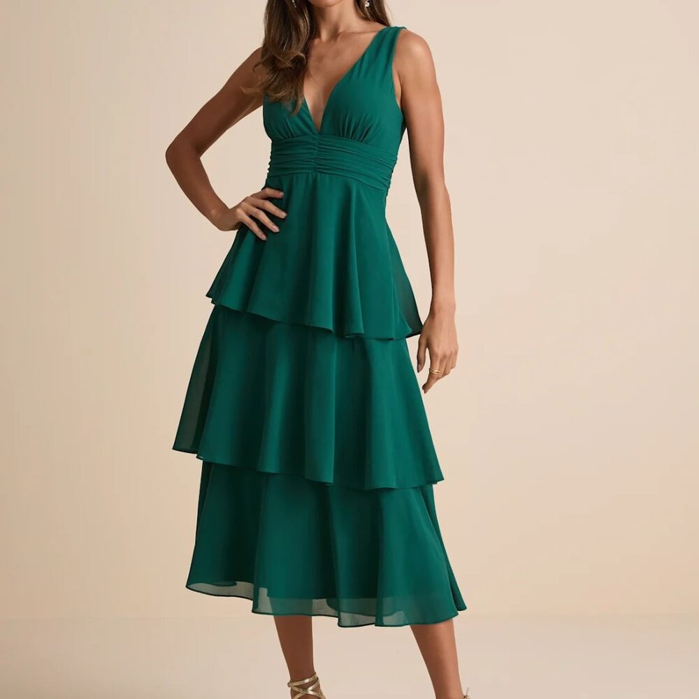 Lulus Celebration Time Sleeveless Tiered Midi Dress — Emerald Green — Size Large